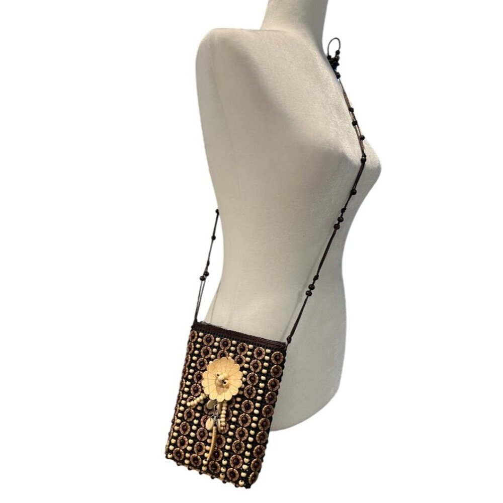 Handcrafted Panama‎ Beaded Wooden Crossbody Bag With Floral Design & Zipper